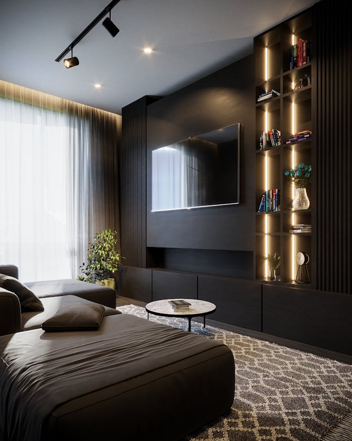 Sleek modern living room featuring dark tones and elegant furnishings with ambient lighting.