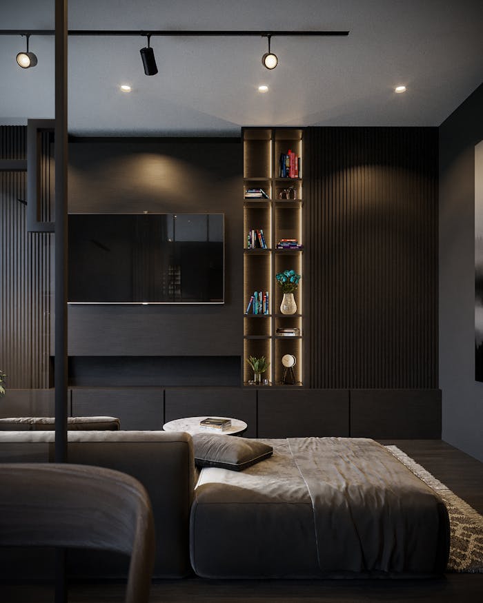 about-bg Sleek modern living room featuring dark tones, wall TV, and elegant furniture.